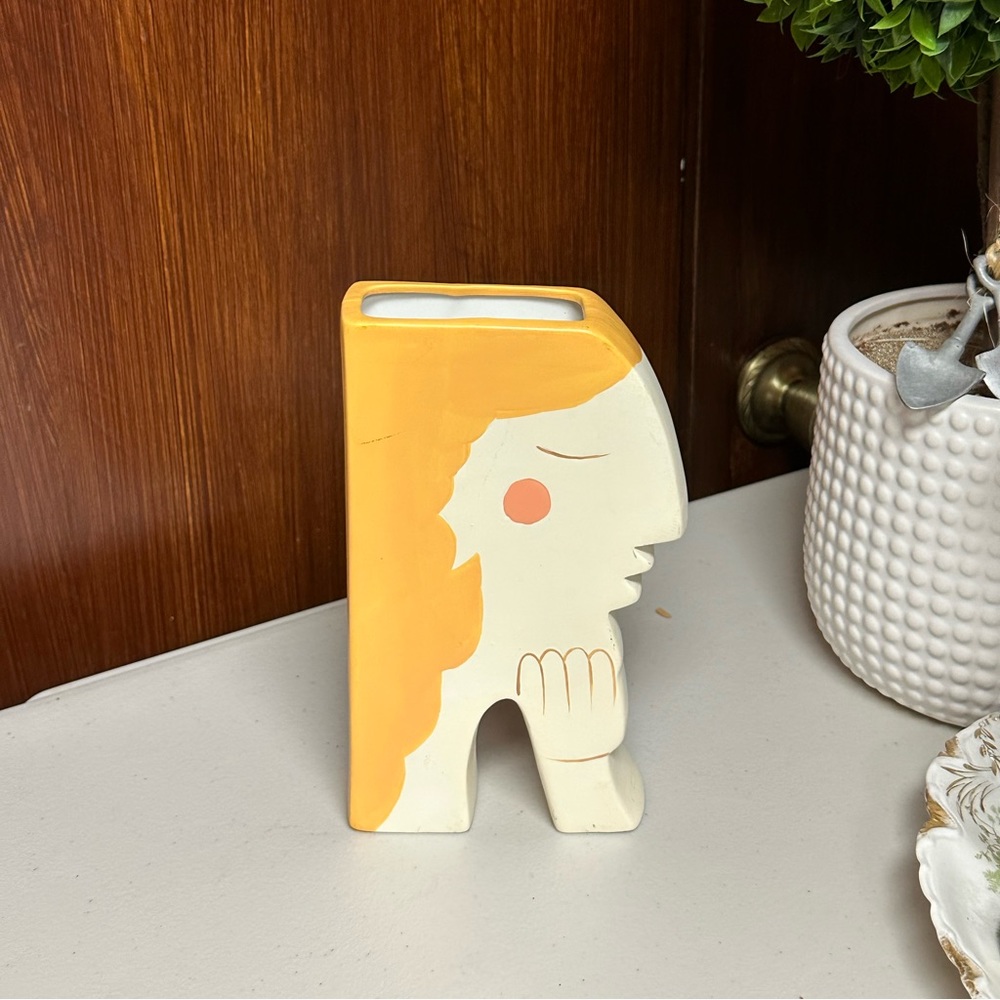 Modern Ceramic Flower Vase Blonde Girl Face Design